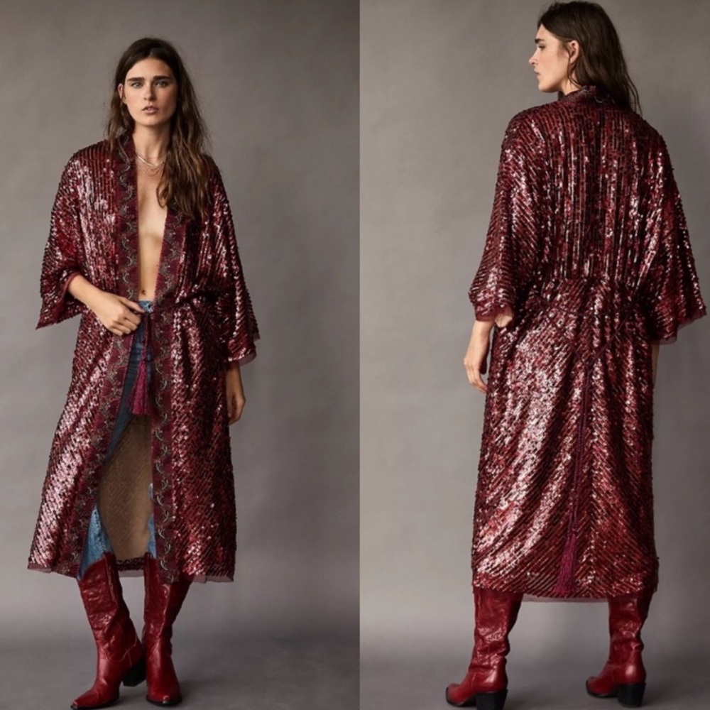NEW Free People Light is Coming Sequin Duster Kimono Jacket Fig Sorbet Z327-30